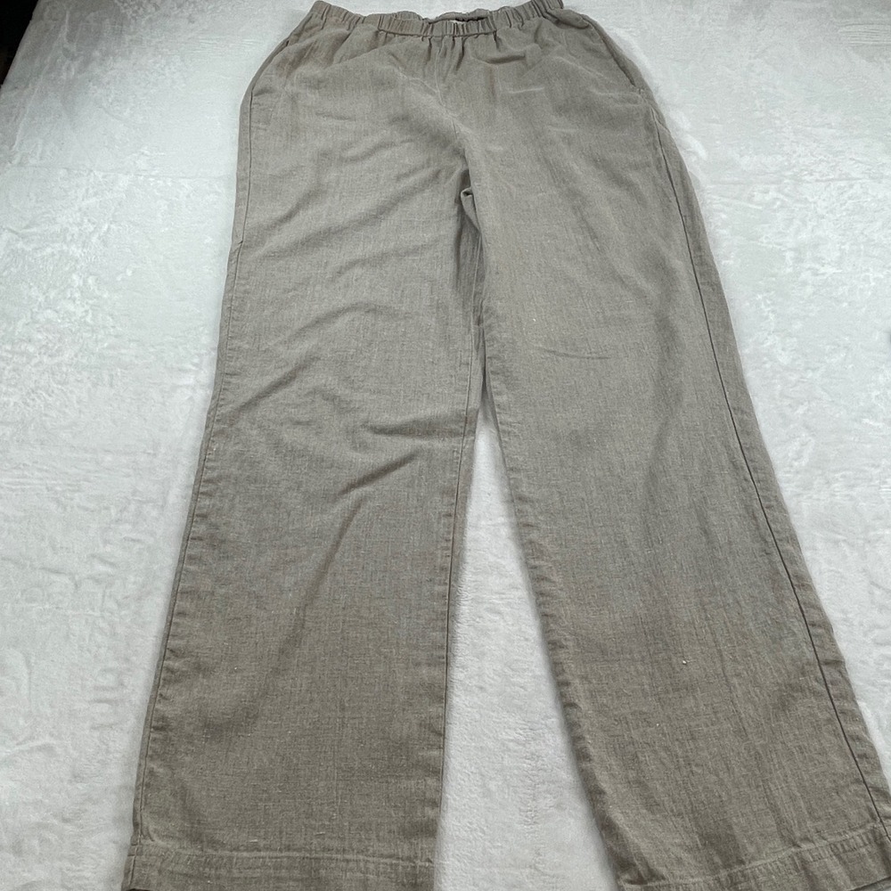 Flax Womens Medium 100% Linen Pants Oatmeal Beige Elastic Waist Straight Leg